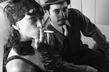 Caucasian prime adult male looking at Caucasian prime adult female looking at viewer.の写真素材