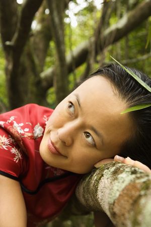 Portrait of Asian American woman in ethnic attire in Maui, Hawaii.の写真素材