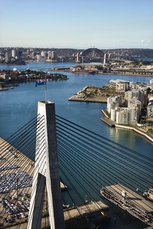 Aerial view of Anzac Bridge and buildings by harbour in Sydney, Australia.のeditorial素材