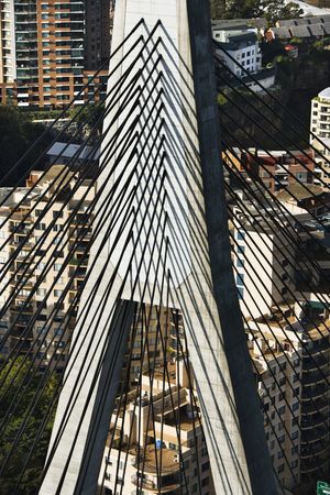 Aerial view of detail of Anzac Bridge and buildings in Sydney, Australia.のeditorial素材