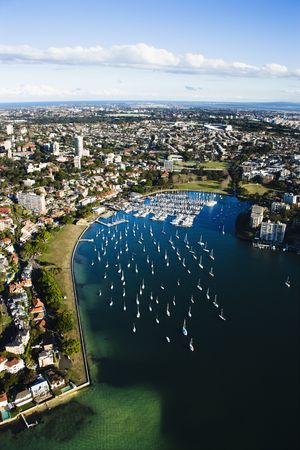 Aerial view of buildings and boats  in Rushcutters Bay, Australia.の写真素材