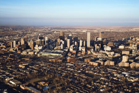 Aerial cityscape of urban Denver, Colorado, United States.の写真素材