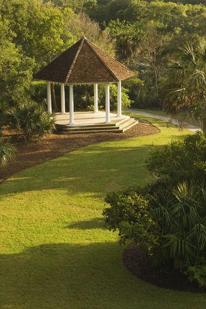 High angle view of a gazebo in park. Vertical shot.の写真素材