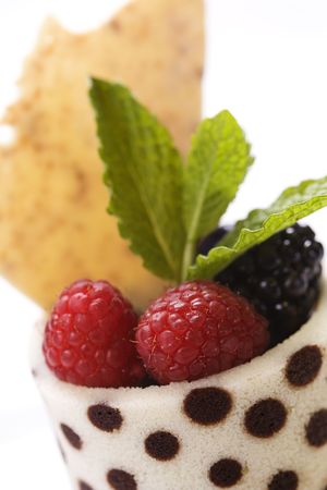 Close-up of a dessert fruit cup with mint leaves. Vertical shot.の写真素材
