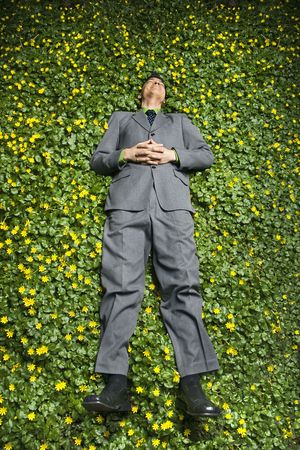 Young businessman relaxing in a bed of flowers and smiling with contentment. Vertical shot.の写真素材