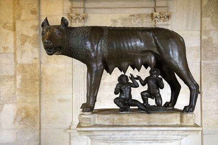Statue of the Capitoline Wolf showing Remus and Romulus as suckling infants. Horizontal shot.の写真素材