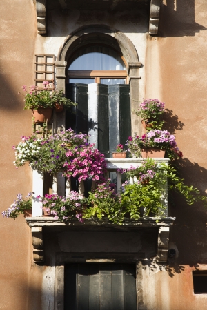 Low angle view of arched window with balcony and flowers in Venice, Italy. Vertical shot.の写真素材