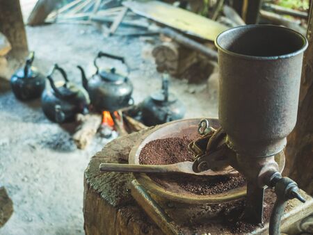 Coffee making by rural villagers in northern Thailand without any technologyの写真素材