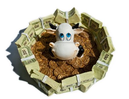 cow in a pool of dollar-denominated banknotes and coinsの写真素材