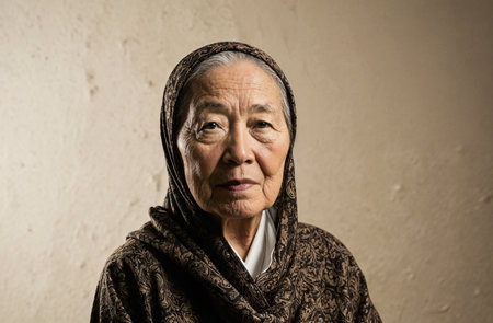 Portrait of an elderly asian woman in traditional clothes looking at cameraの素材