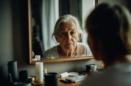 Portrait of an elderly woman looking at her reflection in the mirror.の素材