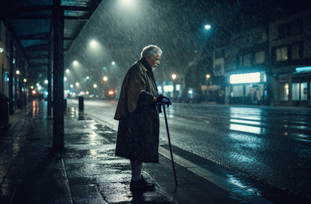 Old man with crutches walking in the rain at night.の素材
