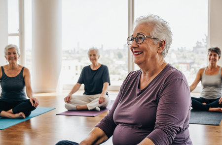 Smiling senior woman in eyeglasses sitting on yoga mat with her friends in backgroundの素材