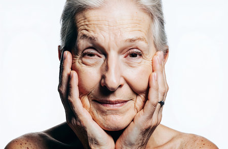Portrait of a senior woman with wrinkles on her face looking at cameraの素材