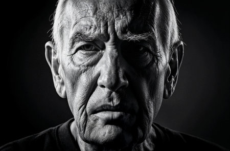 Portrait of an elderly man on a dark background. Toned.の素材