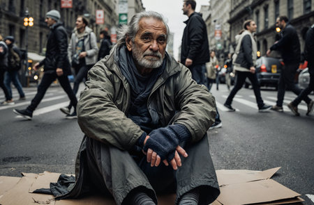 Homeless beggar man sitting on the streetの素材