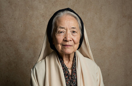 Portrait of asian senior woman wearing headscarf and smilingの素材