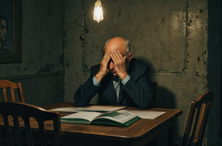 Aged man sitting at the table and reading a book in a dark roomの素材