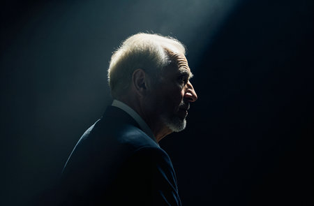 Portrait of an old man with gray hair and beard on a dark backgroundの素材