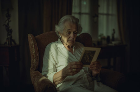 Elderly woman sitting in armchair and using digital tablet.の素材