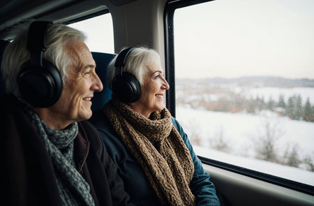 Elderly couple listening to music with headphones in the car.の素材