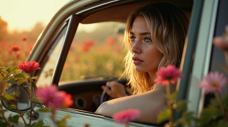 Beautiful young woman driving a car with flowers in the background.の素材