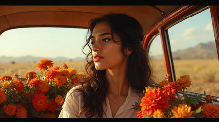 Portrait of a beautiful young woman with flowers in her car.の素材