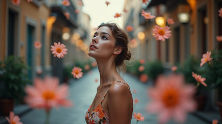 Portrait of a beautiful young woman with flowers in the city.の素材
