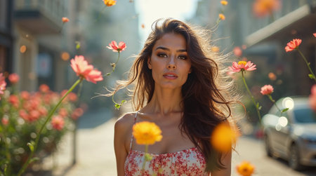 Beautiful girl with flowers in the city. Portrait of a beautiful young woman.の素材