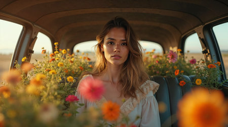 Beautiful young woman in a camper van with flowers at sunsetの素材