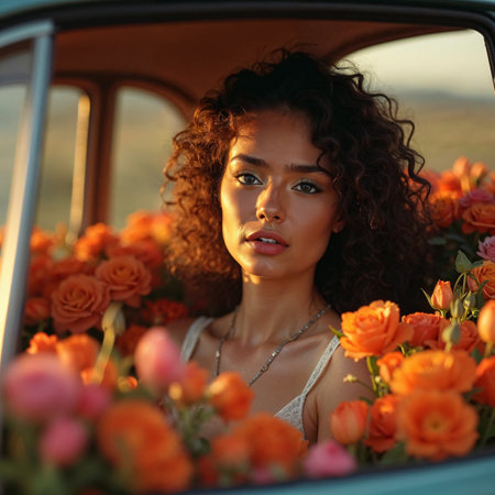 Beautiful african american woman with curly hair in vintage carの素材