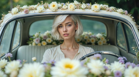 Beautiful blonde woman in a vintage car with flowers in her hairの素材