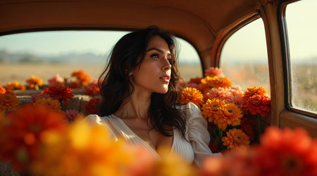 Beautiful young woman sitting in a vintage car with a bouquet of flowersの素材