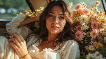 Portrait of a beautiful young brunette woman in a white dress sitting in the car.の素材