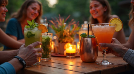 Group of friends having fun at a summer bar, drinking cocktails and having funの素材