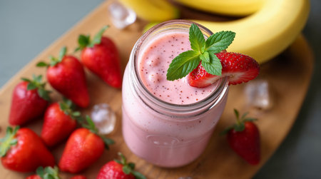 Strawberry and banana smoothie in a glass jar on wooden backgroundの素材