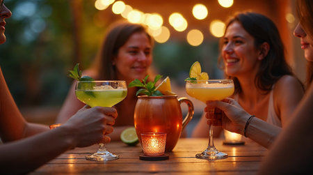 Group of friends having fun and drinking cocktails at a summer party.の素材