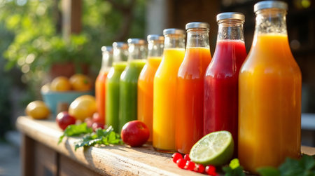 Bottles of fresh juice on wooden table in garden, closeupの素材
