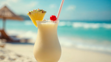 Pina colada cocktail with pineapple and cherry on the sandy beachの素材