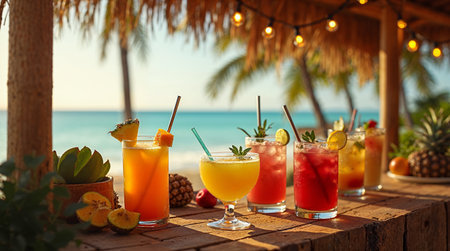 Tropical cocktails on the beach. Vacation and travel conceptの素材