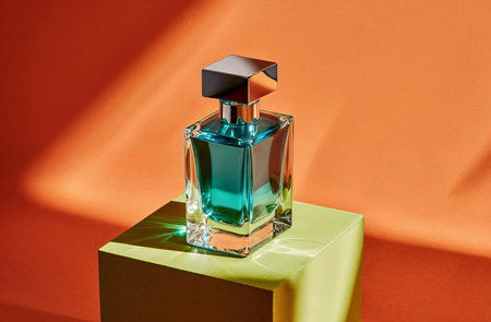 Perfume bottle on green and orange podium with shadow on orange backgroundの素材