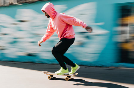young skateboarder riding on skateboard on city street. motion blurの素材