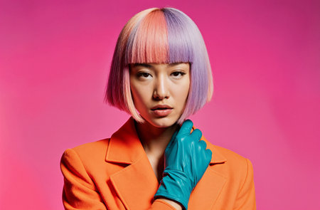 Portrait of a beautiful asian woman with pink hair and blue glovesの素材