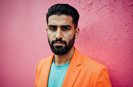 Portrait of a handsome bearded Indian man in an orange jacket on a pink backgroundの素材