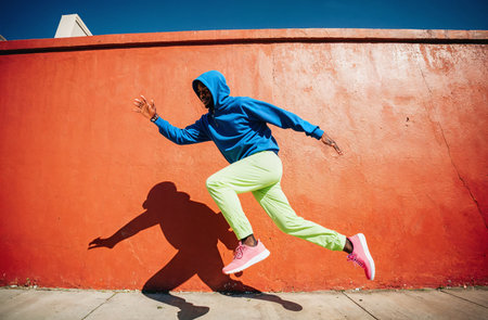 young beautiful african american woman in sportswear jumping in the cityの素材