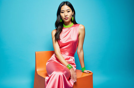 pretty asian woman wearing pink dress sitting on chair on blue backgroundの素材