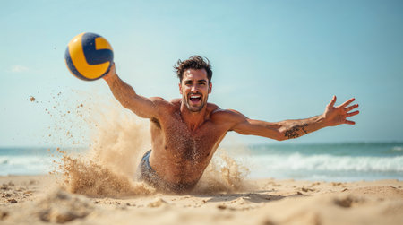 Portrait of a happy man playing volleyball on the beach at the day timeの素材