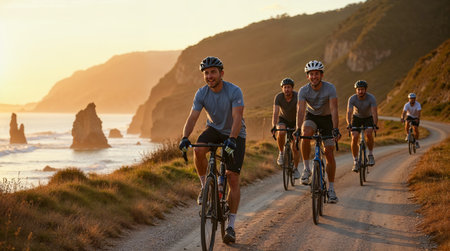 Group of cyclists riding on the road to the ocean in sunset.の素材