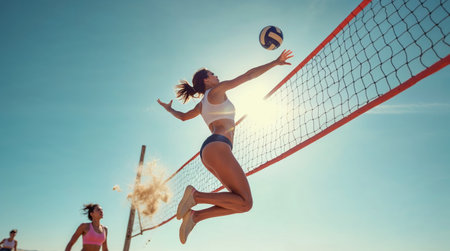 volleyball sport, people and healthy lifestyle concept - group of smiling women playing volleyball on beachの素材