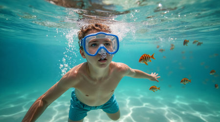 Underwater photo of boy swimming underwater and looking at fish in seaの素材